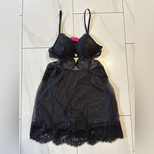 3/$30 La Senza Black Lace Baby Doll Slip Dress Sheer Open Back Size small